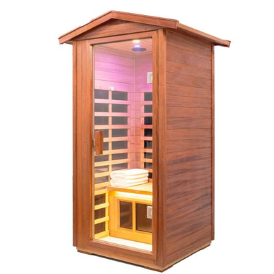 Wearwell-901VT 1 Person Outdoor Ultra-Low EMF Infrared Sauna in Mahogany | Strong Weather Resistance