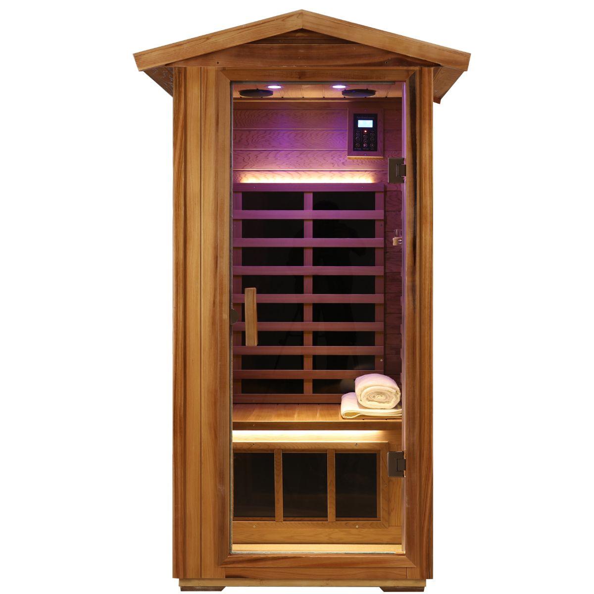 Wearwell-901VR 1 Person Outdoor Ultra-Low EMF Infrared Sauna in Red Cedar | Nature's Art, Noble Enjoyment