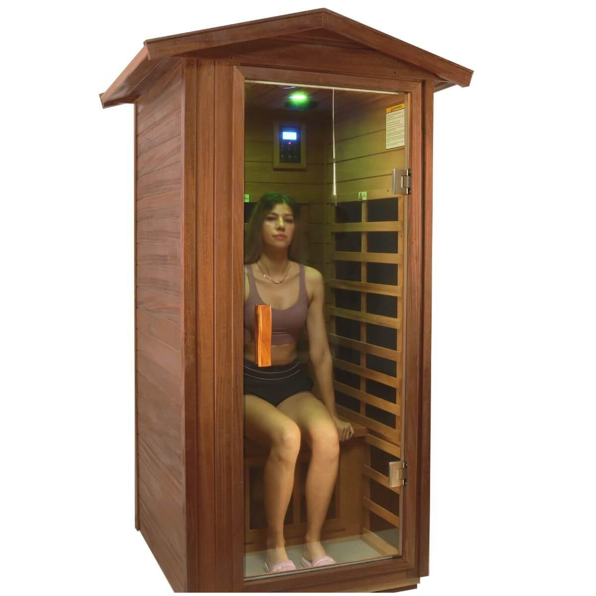 Wearwell-901VT 1 Person Outdoor Ultra-Low EMF Infrared Sauna in Mahogany | Strong Weather Resistance